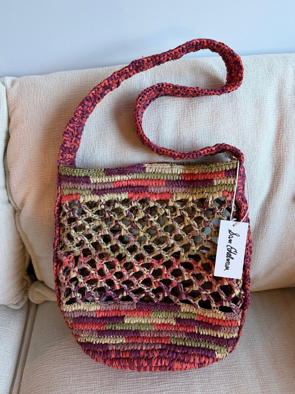 Sam Edelman Remi Raffia Bucket Bag Rust Multicolor NWT